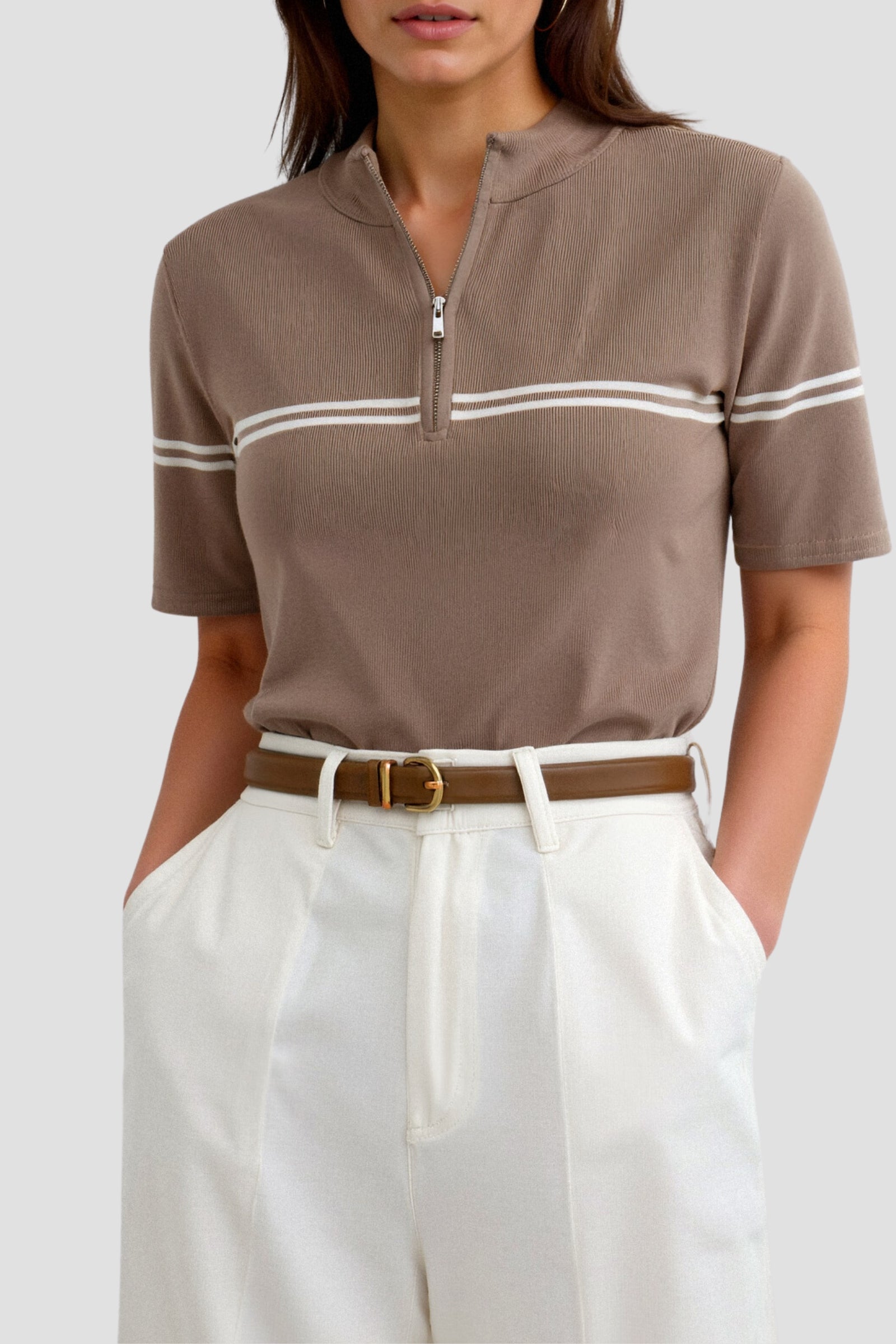 Old Money Zip Up Elegant T-shirt met korte mouwen en strepen