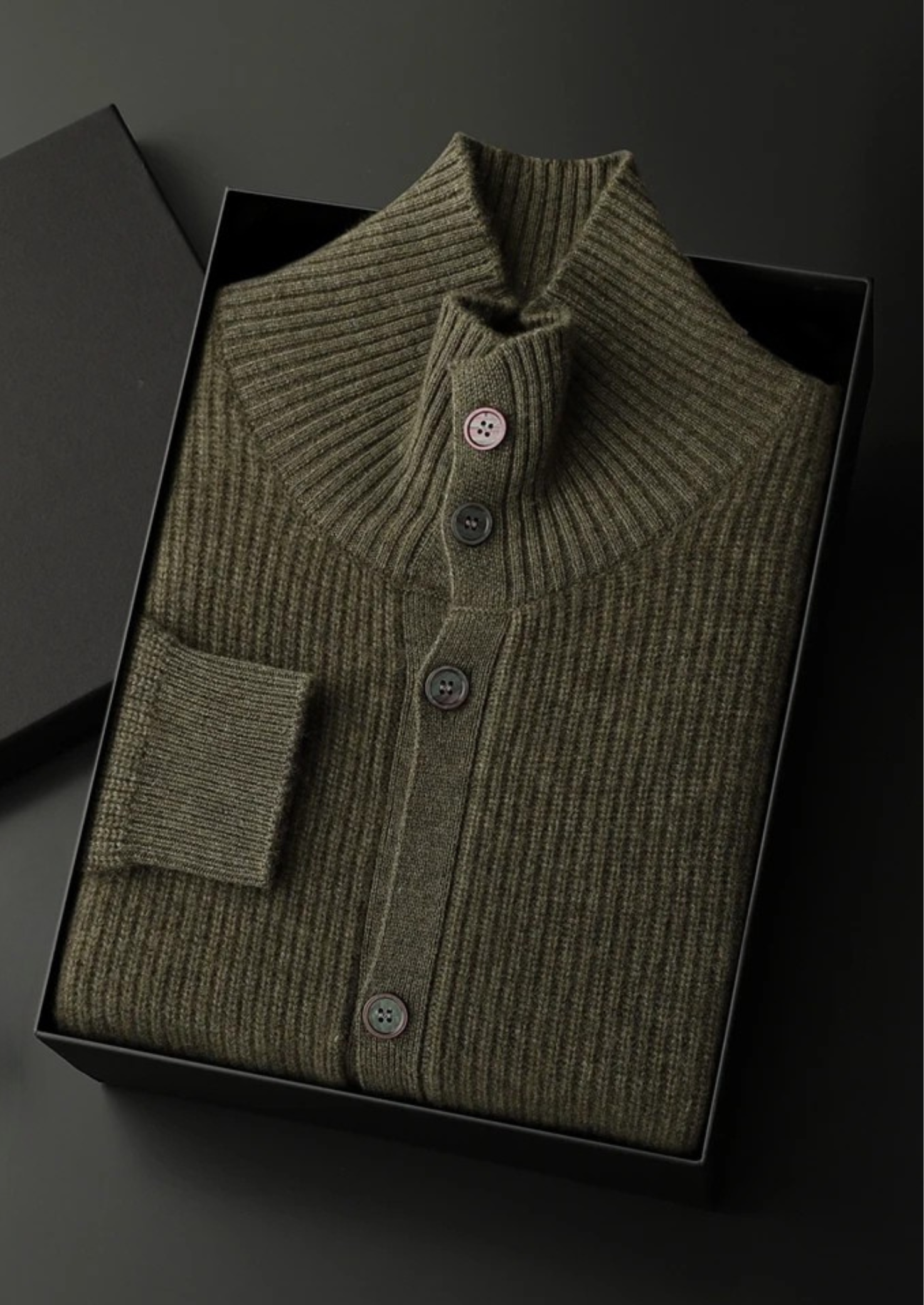 PREMIUM CASHMERE RIBBED HIGH COLLAR CARDIGAN