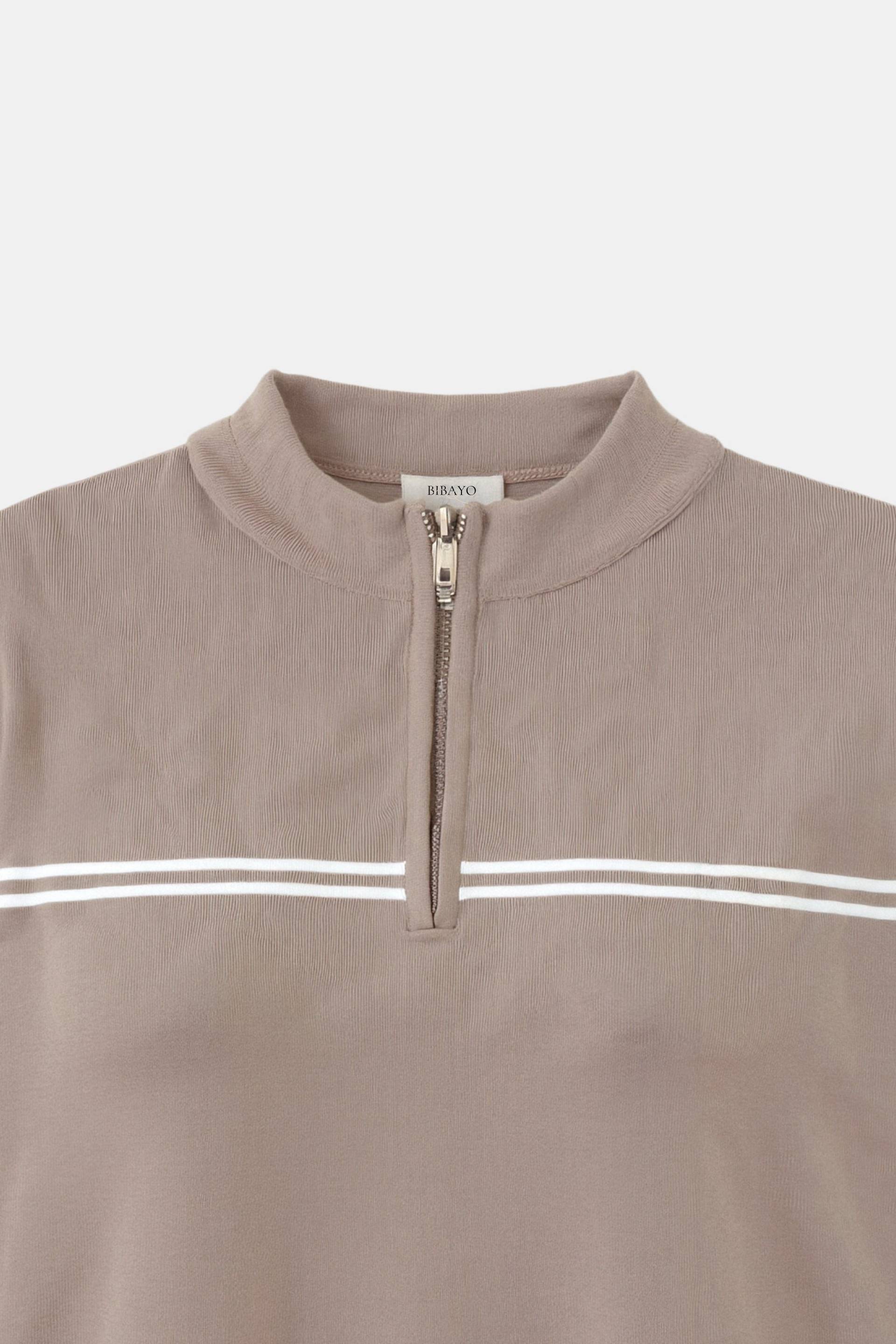 Old Money Zip Up Elegant T-shirt met korte mouwen en strepen