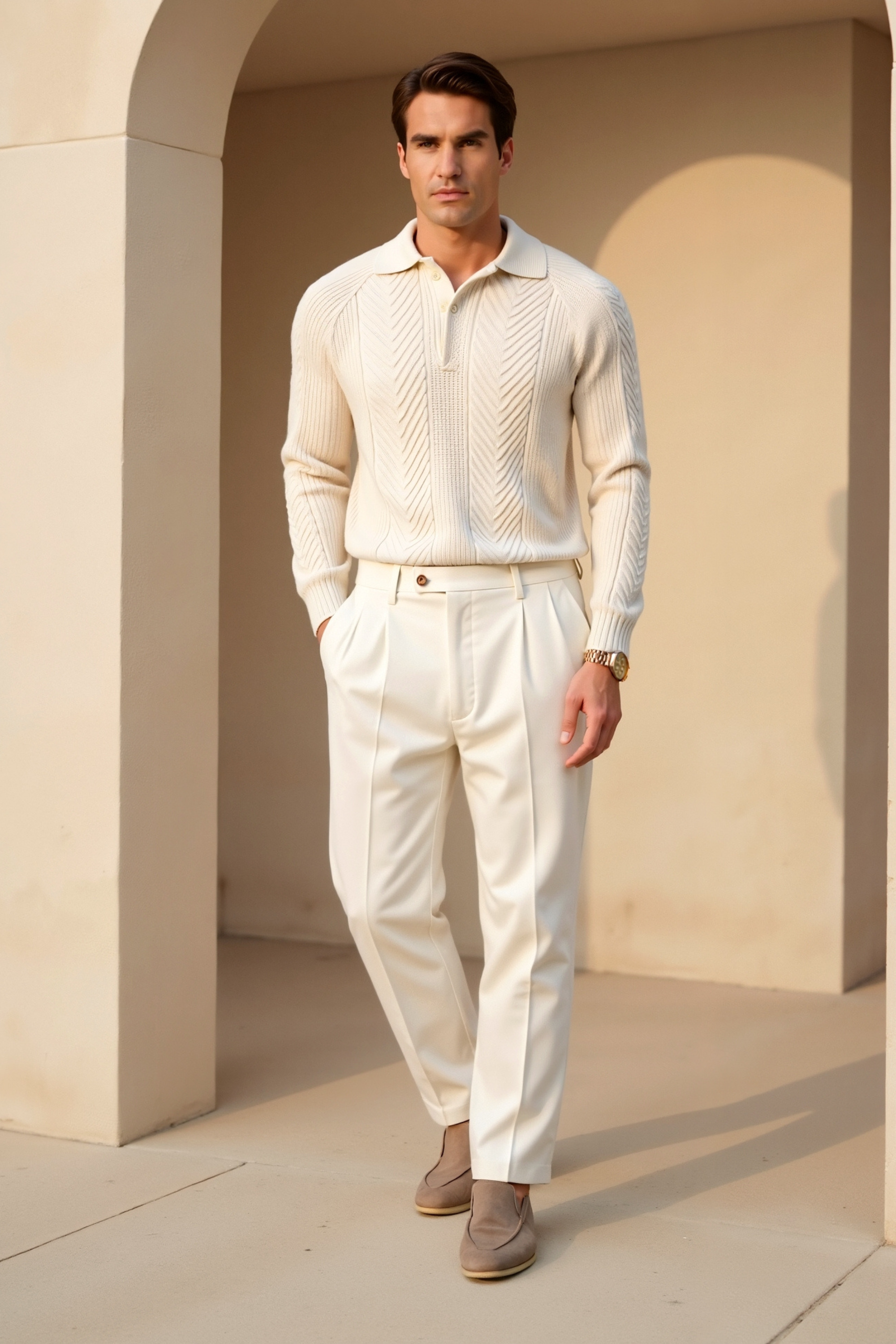 Old Money Heren Retro Effen Kleur Gestructureerde Breisel Lange Mouw Golftrui