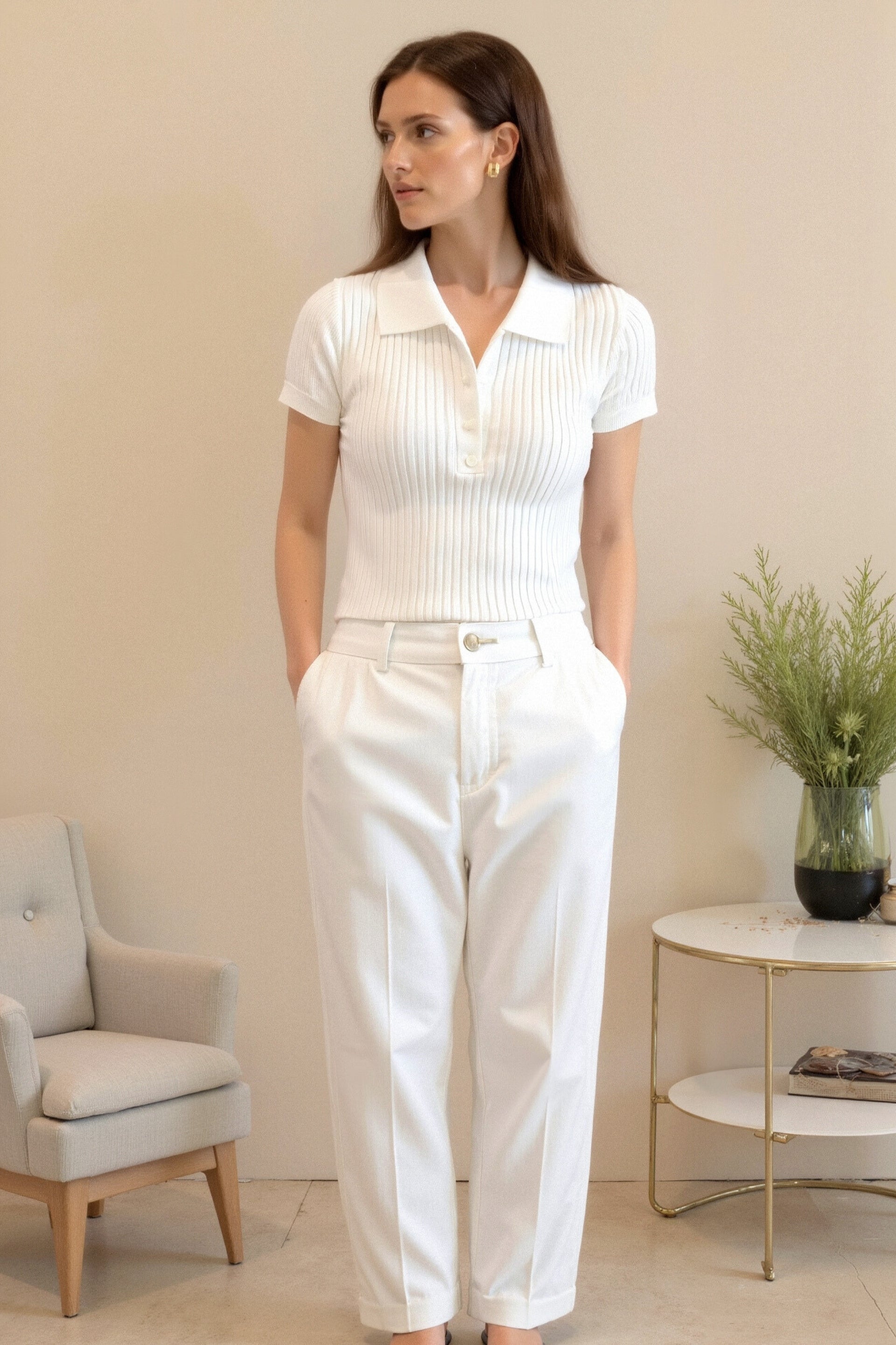 Old Money Premium T-shirt met V-hals, korte mouwen en knoopsluiting