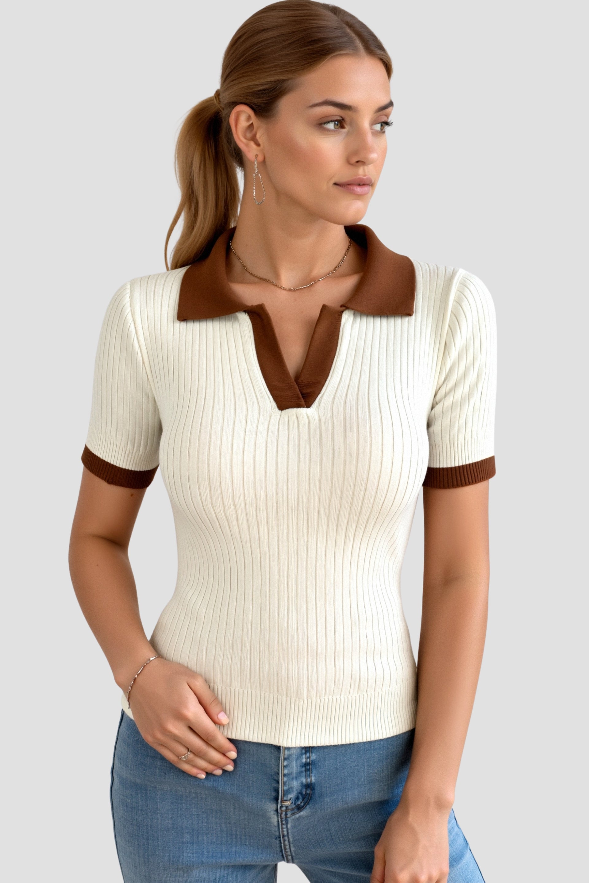 Old Money Casual Polo Color Block Gebreide Top met Inkepingenkraag