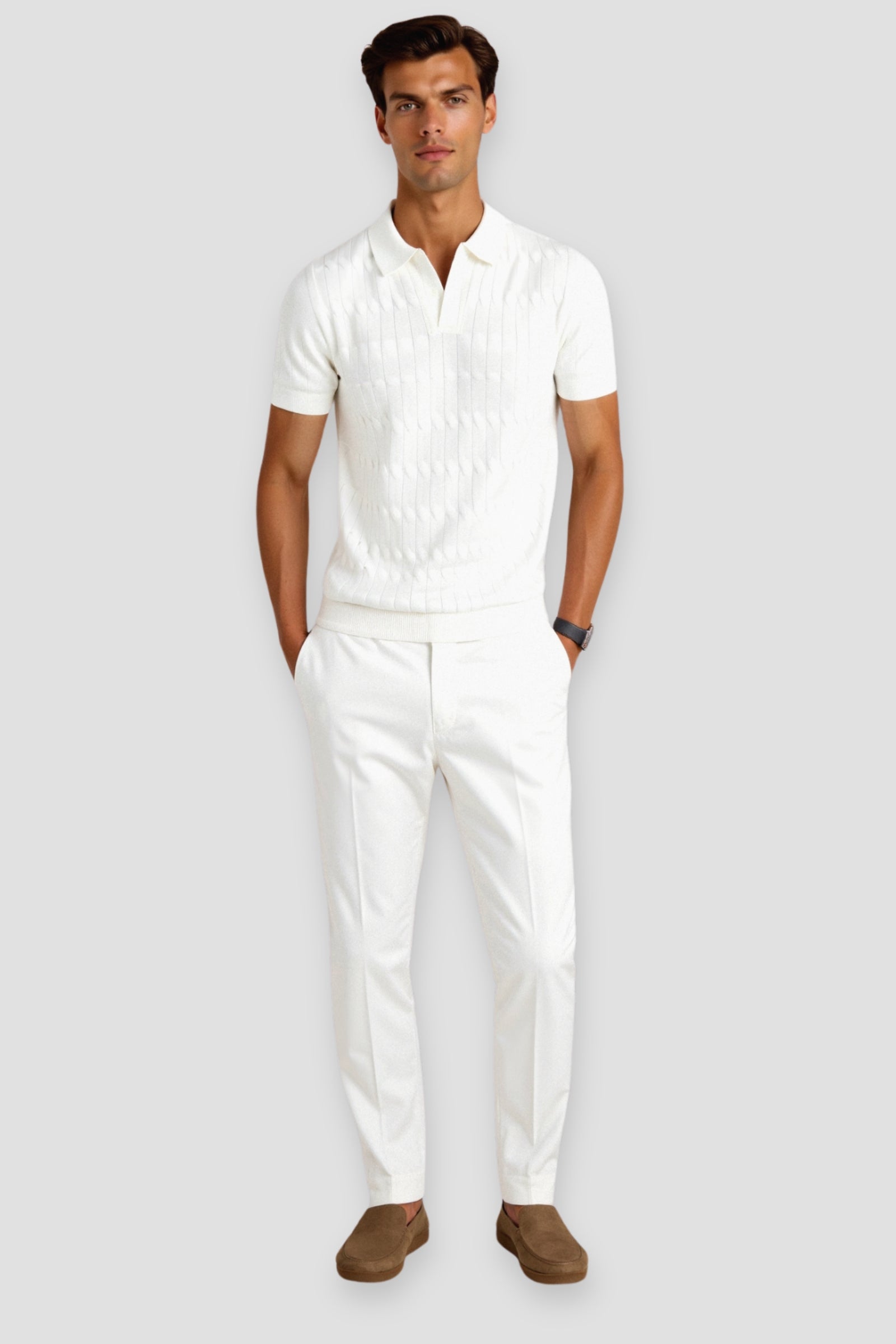 Old Money Premium V-hals kabelgebreid poloshirt