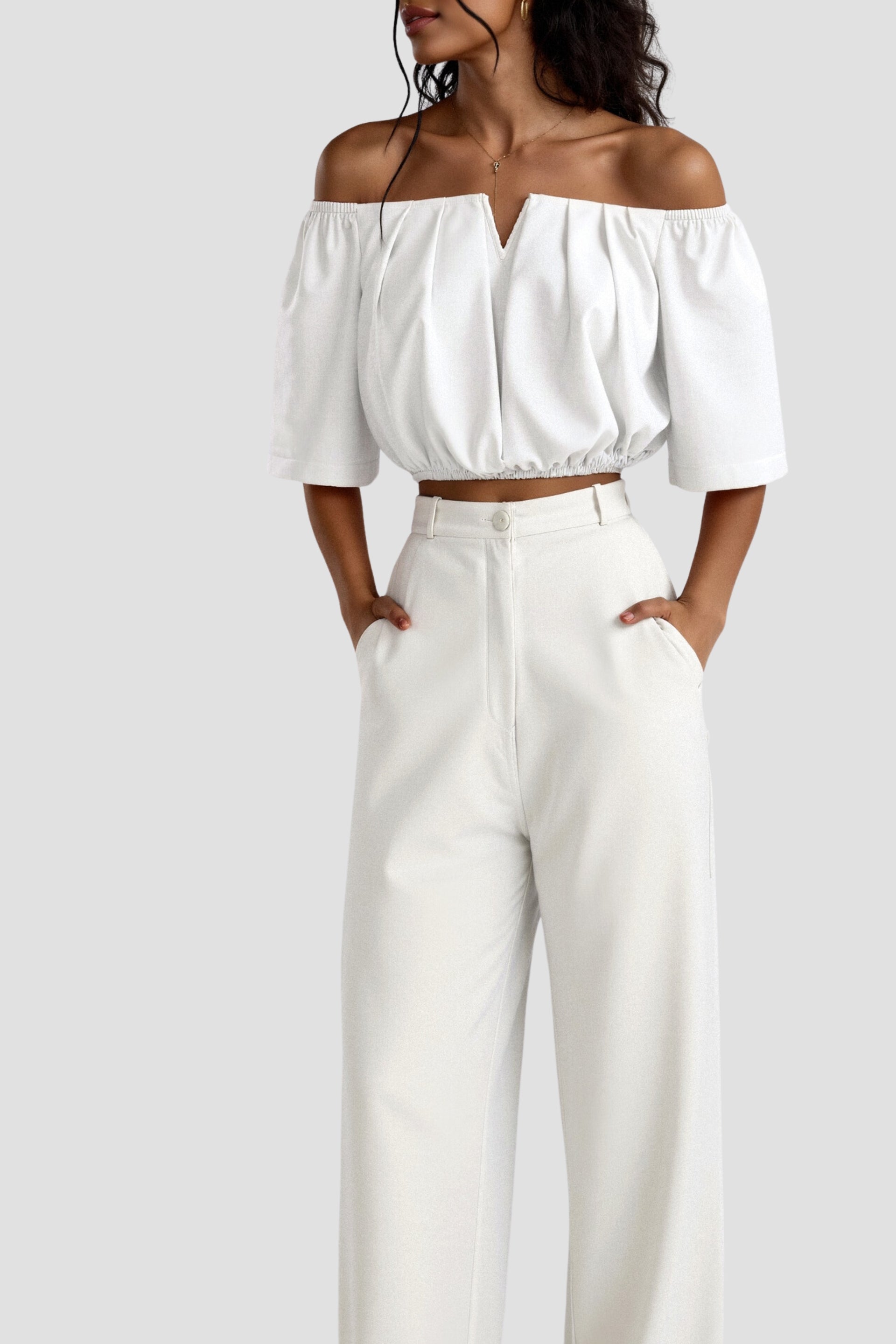 Old Money Elegant losvallend effen geplooid T-shirt met inkeping in de hals