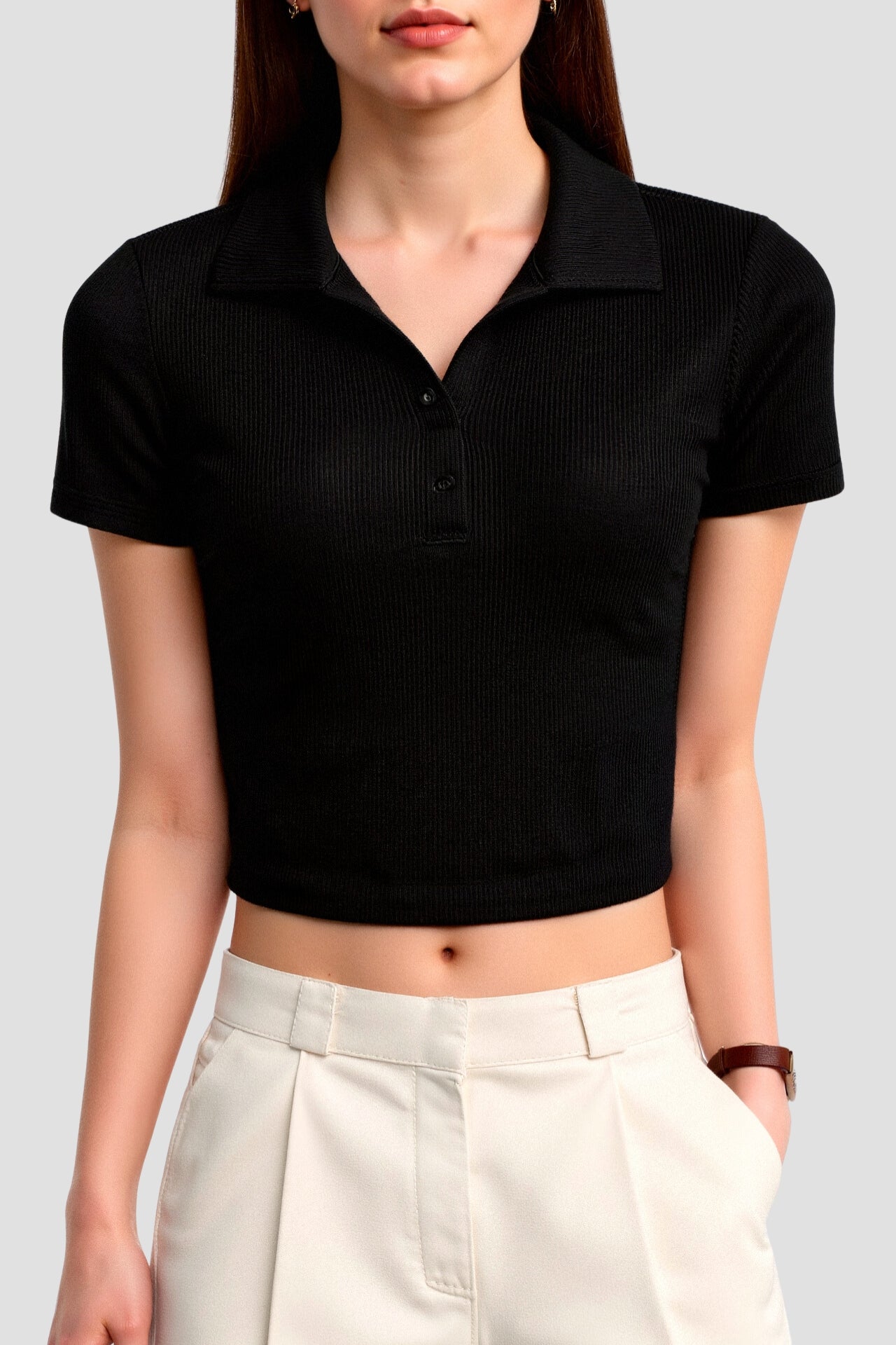 Old Money Cropped effen kraag korte mouwen geribbeld poloshirt