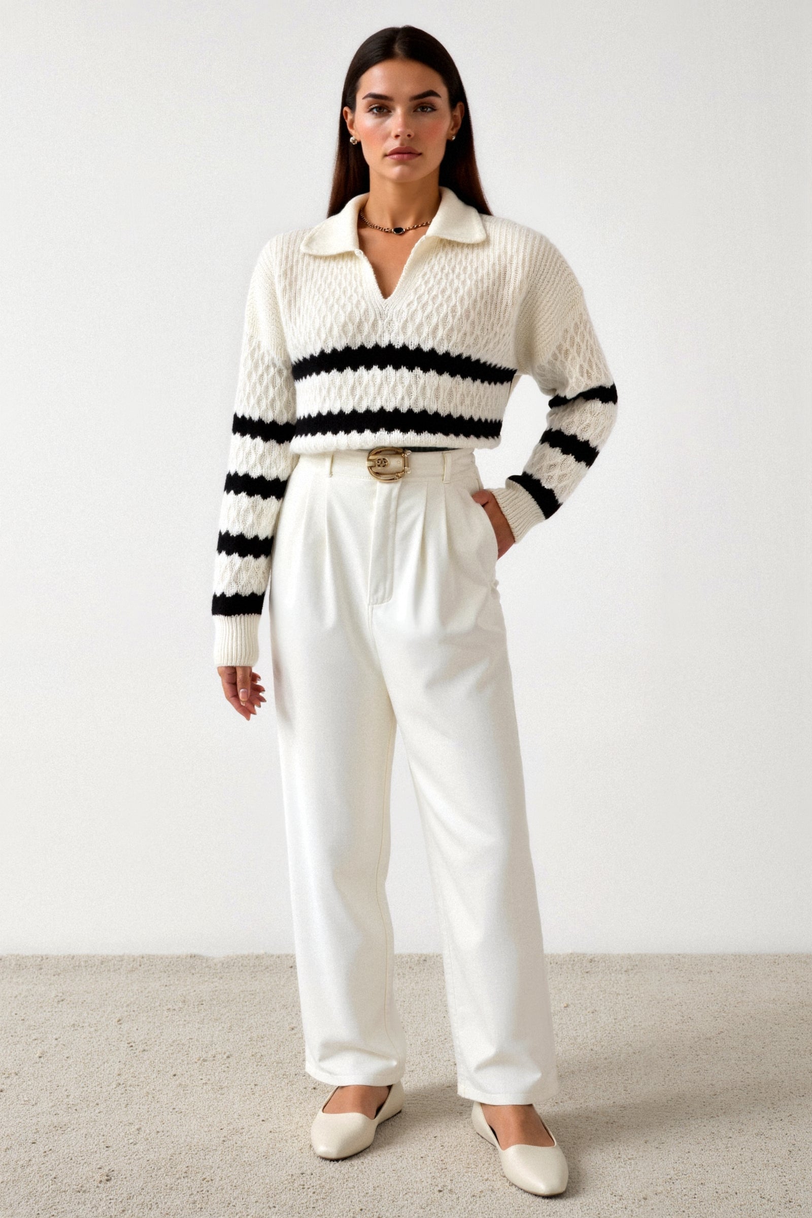 Elegante kabelgebreide gestreepte trui met ruitstructuur en kraag