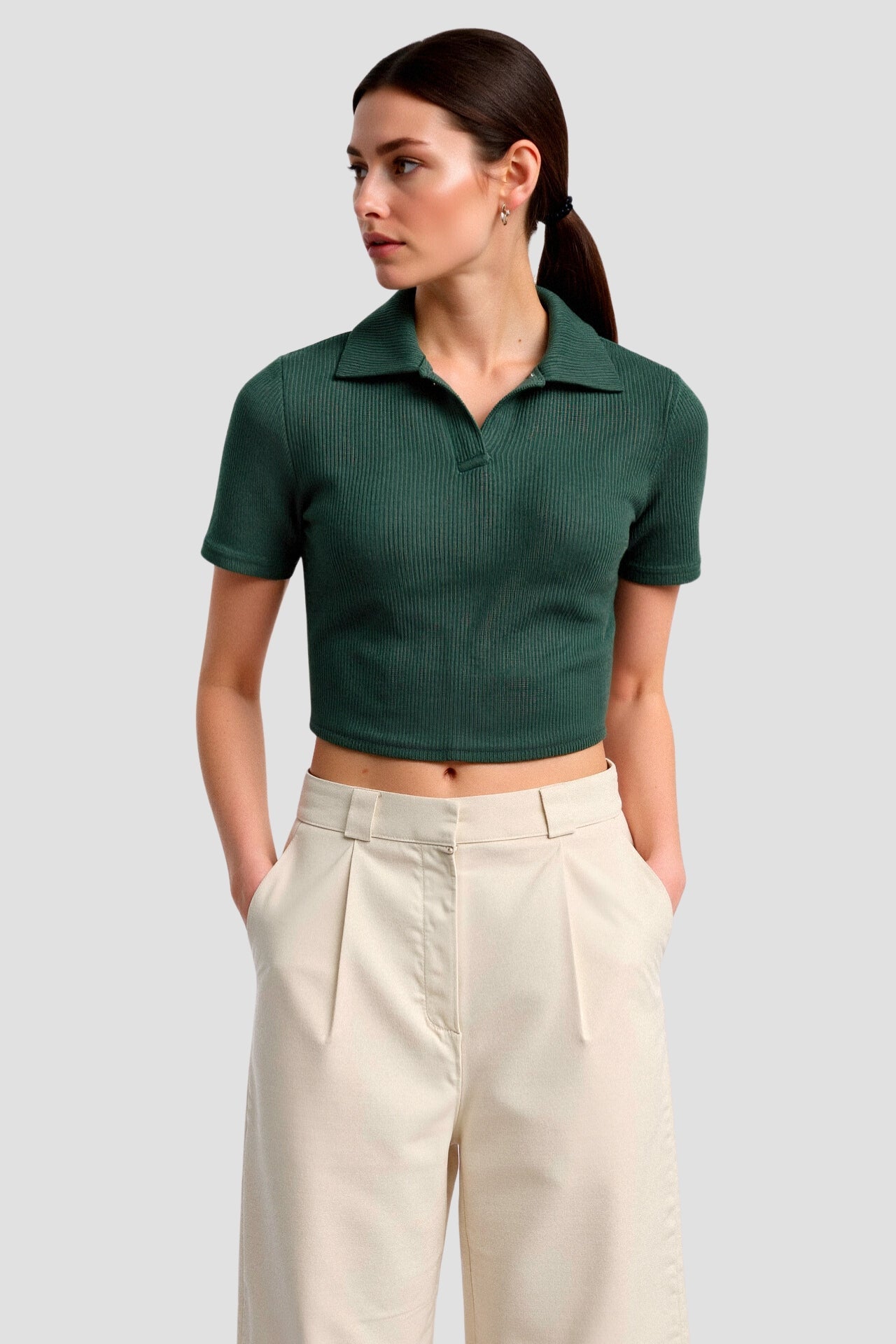 Old Money Cropped effen kraag korte mouwen geribbeld poloshirt