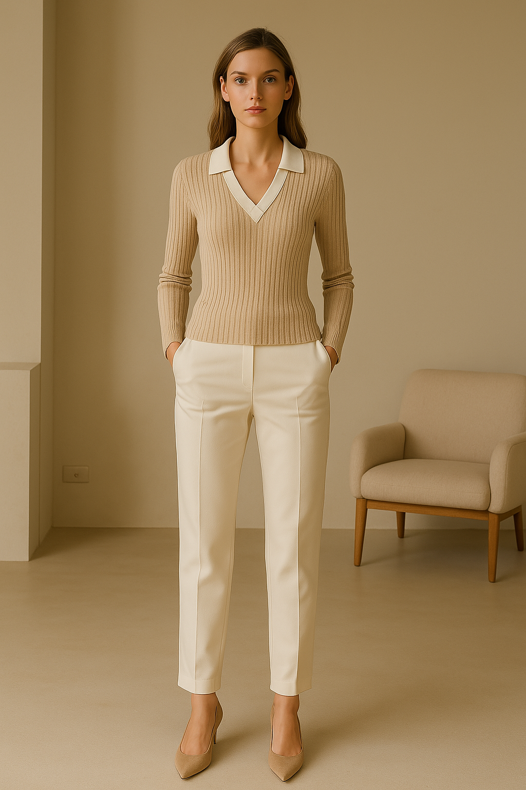 Old Money gebreide wollen slanke ribgebreide polotrui