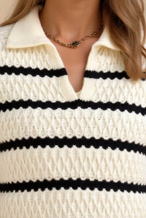 Premium Elegant Long Sleeve Patterned Striped Drop Shoulder Collared Sweater