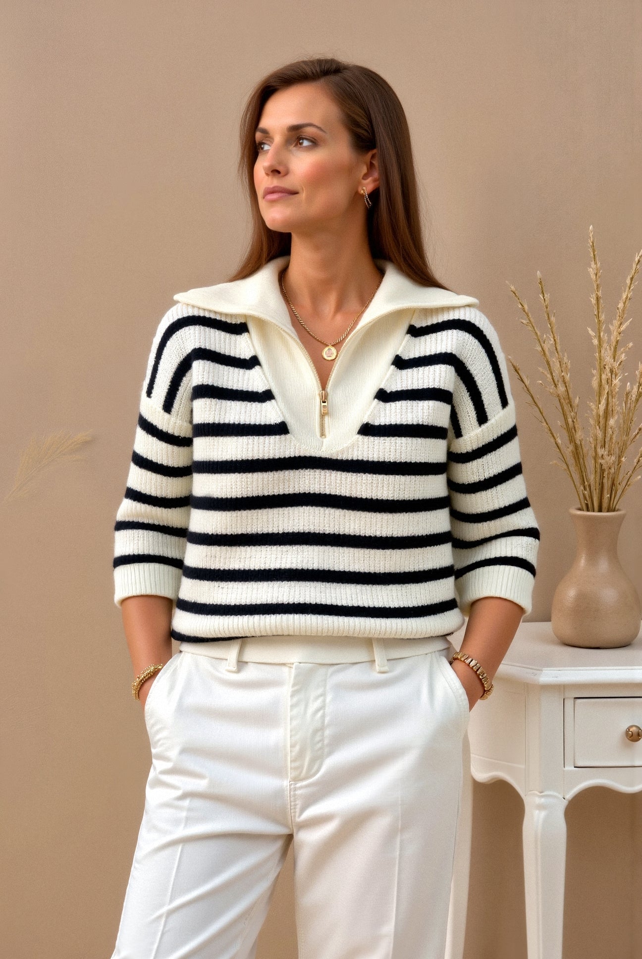 Elegante trui met kraag en dikke strepen en kwartrits