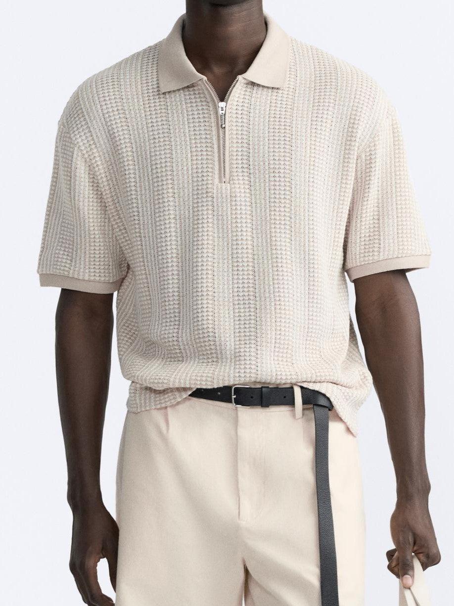 Old Money Uniek gestructureerd poloshirt met halve rits