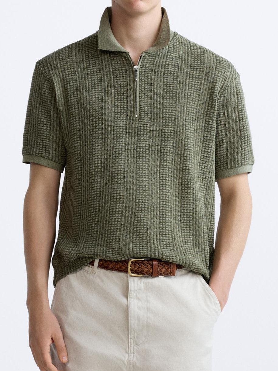 Old Money Uniek gestructureerd poloshirt met halve rits