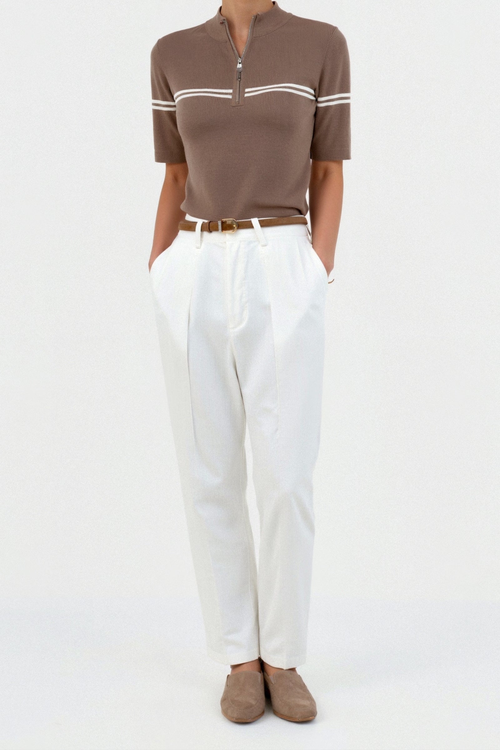 Old Money Zip Up Elegant T-shirt met korte mouwen en strepen 