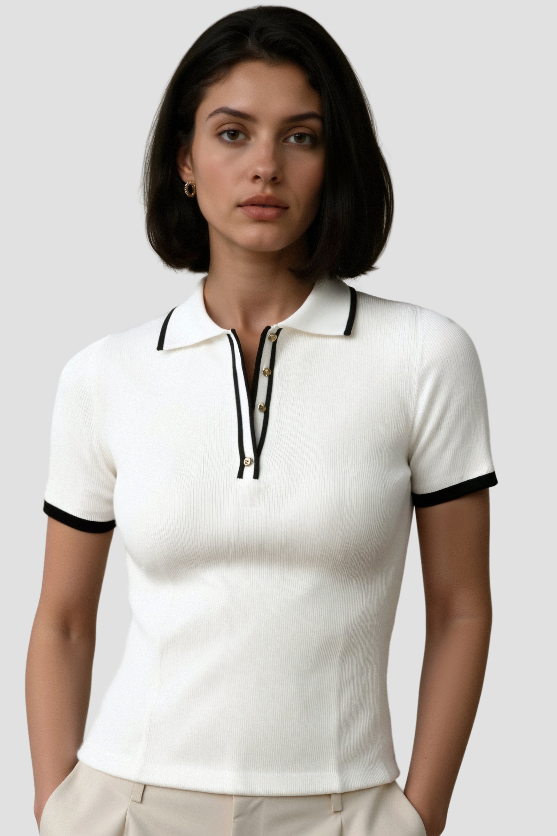 Old Money Contrast Elegant Trim Kraag Slim Button Up Polo T-shirt 