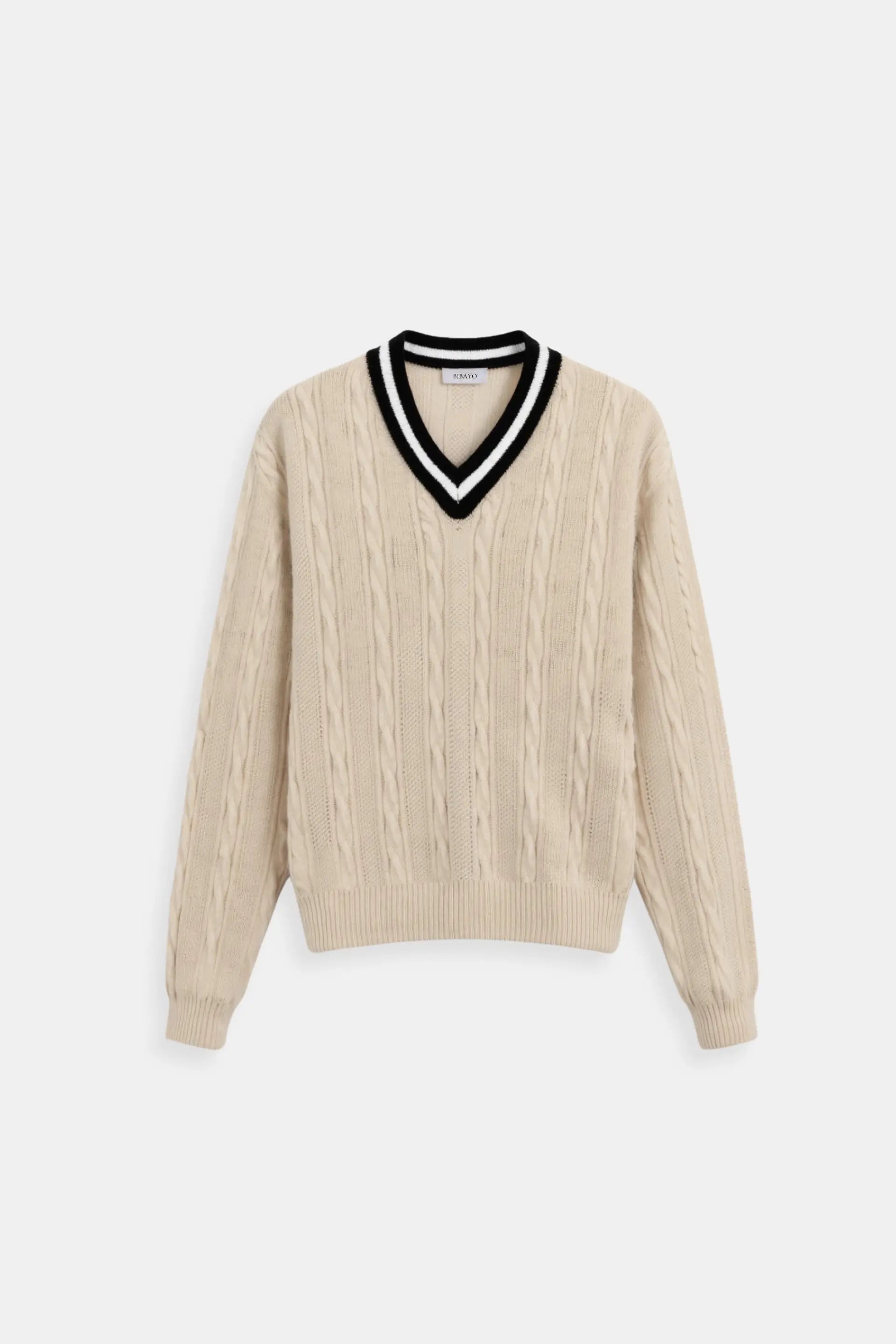 Old Money Contrast Trim V-hals Elegante Kabelgebreide Trui met Lange Mouwen