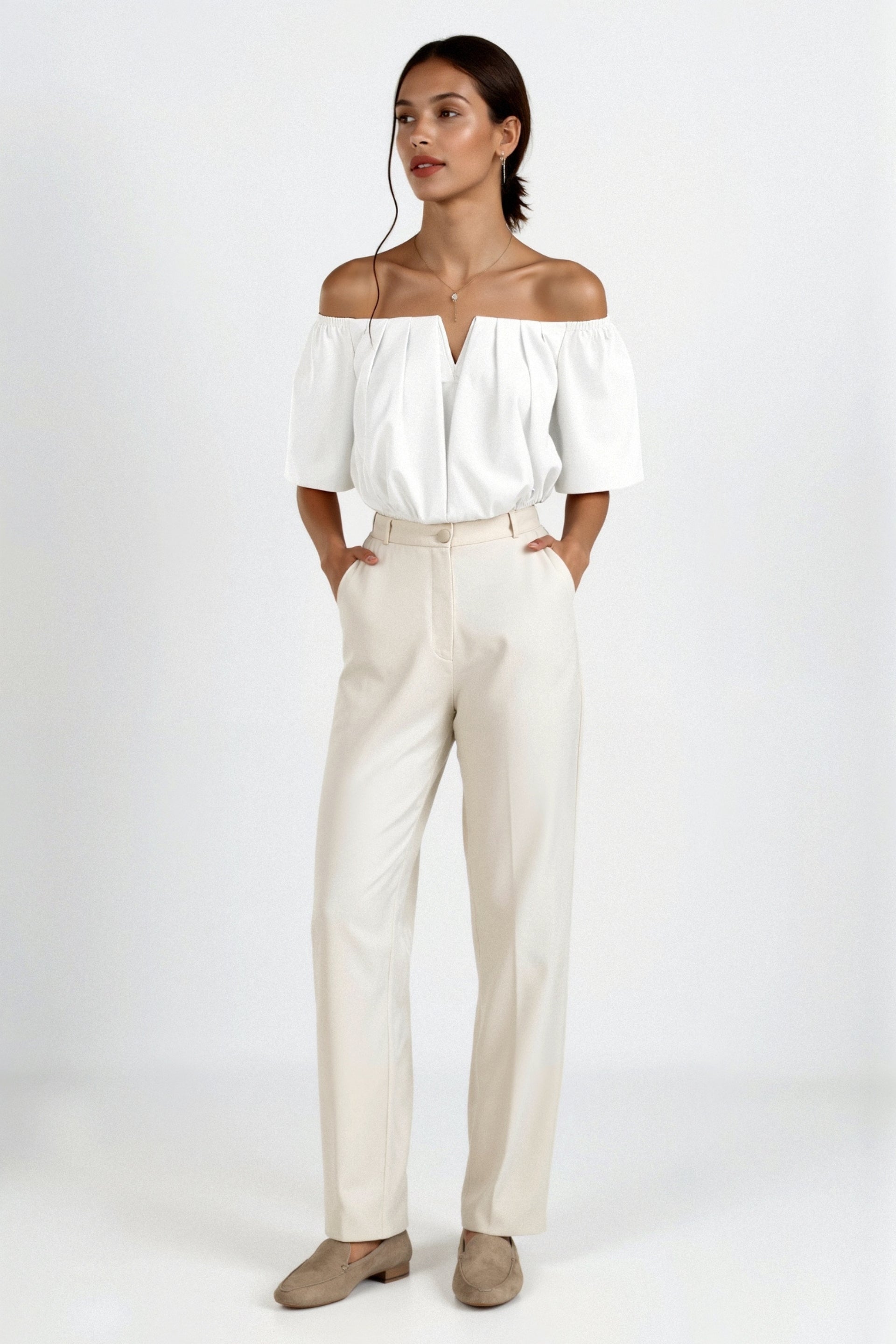 Old Money Elegant losvallend effen geplooid T-shirt met inkeping in de hals