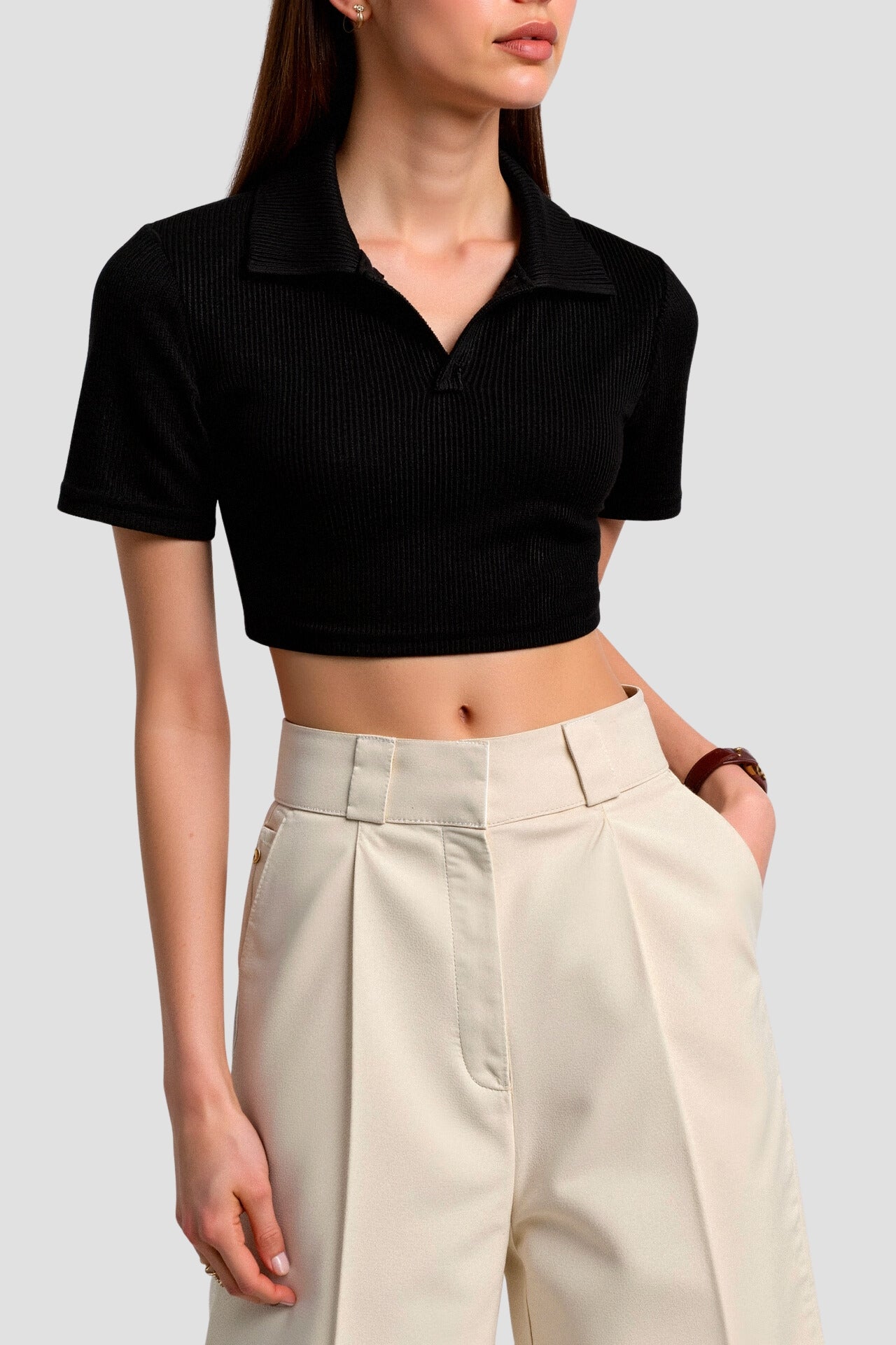Old Money Cropped effen kraag korte mouwen geribbeld poloshirt