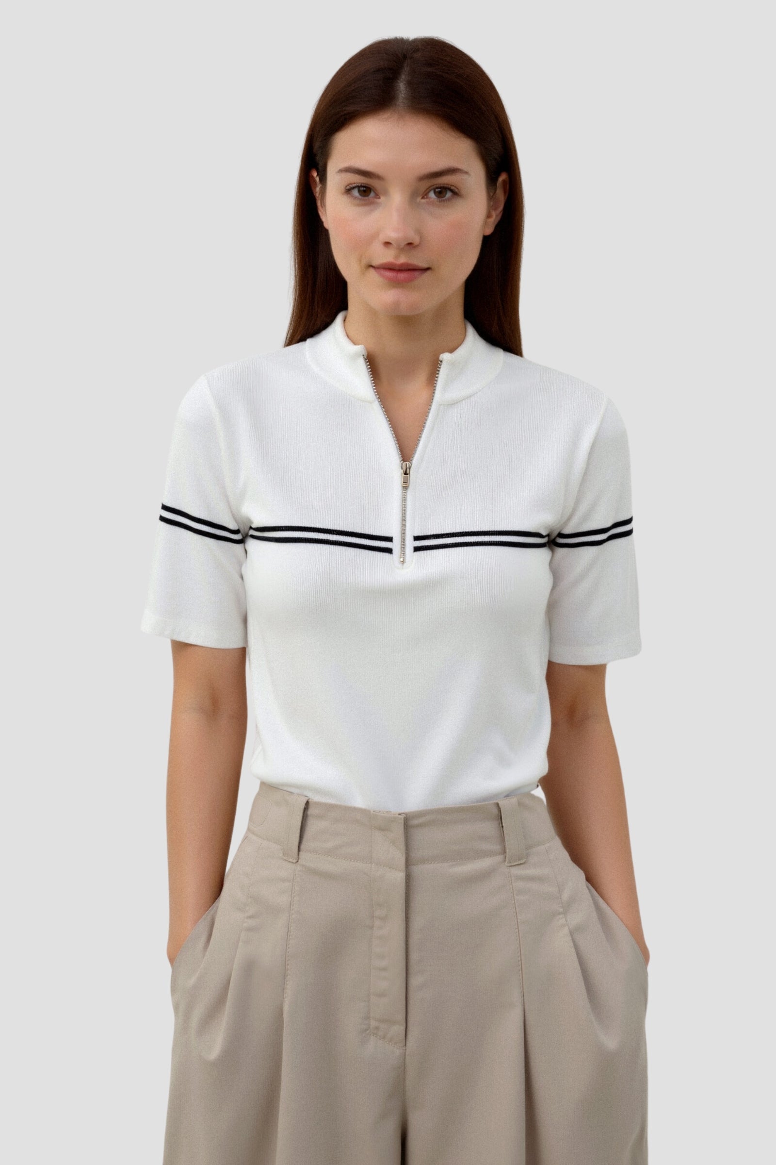 Old Money Zip Up Elegant T-shirt met korte mouwen en strepen 