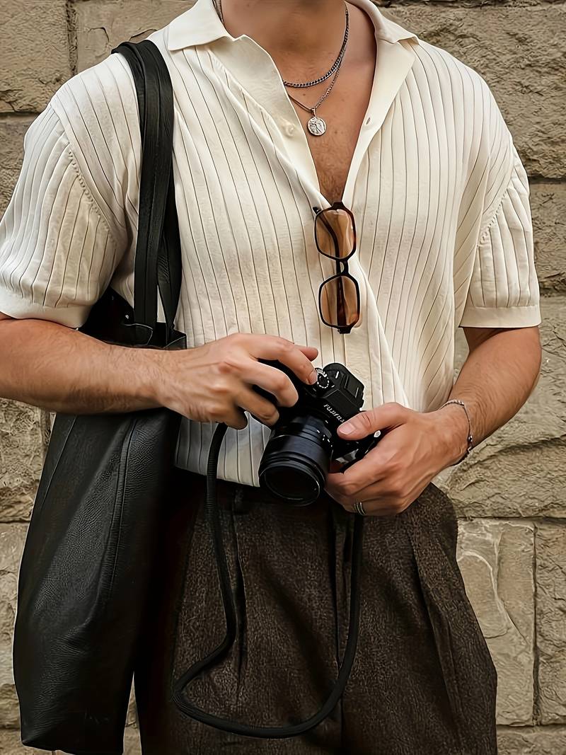 Old Money Classic geribbeld gebreid overhemd met korte mouwen en reverskraag