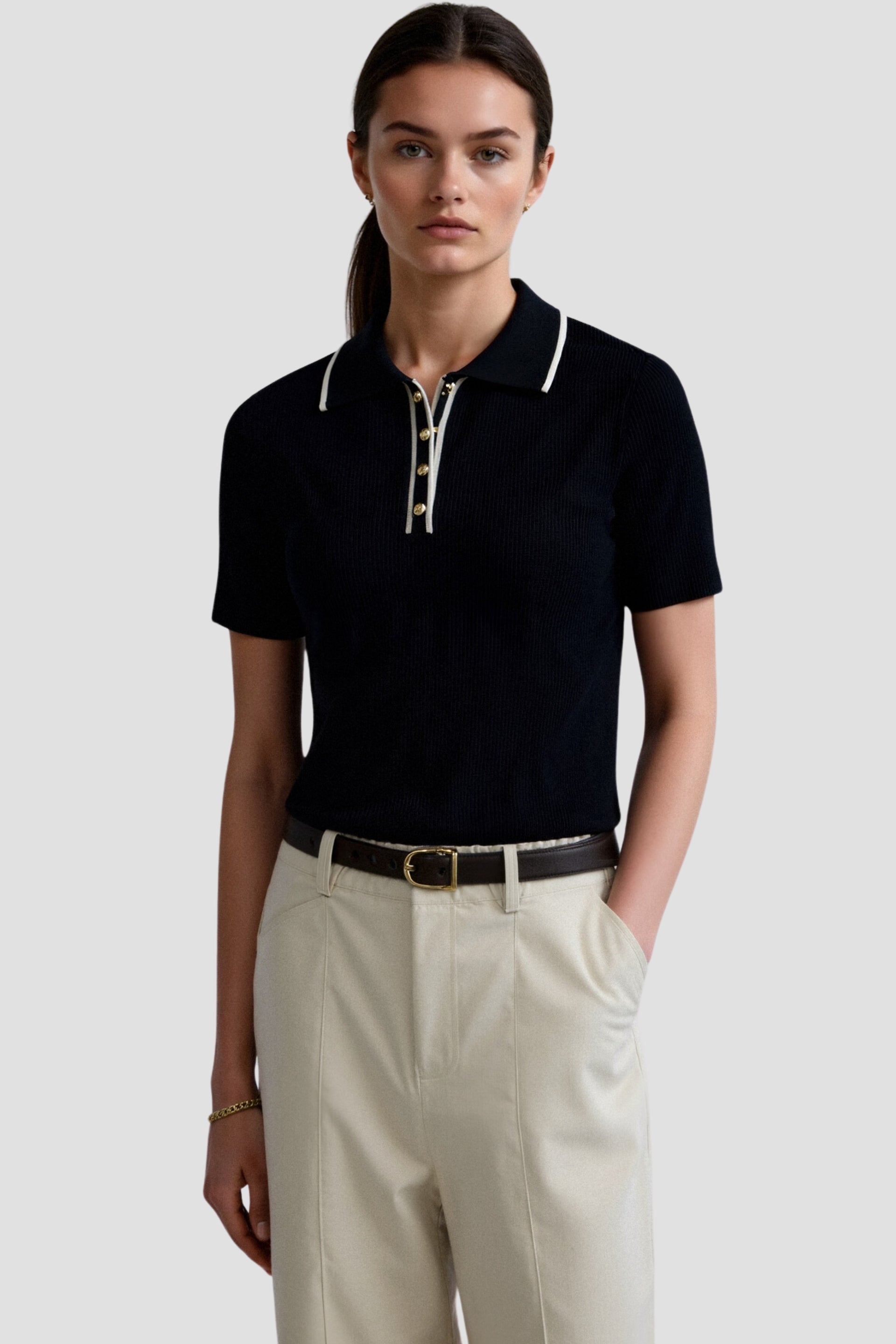 Old Money Contrast Elegant Trim Kraag Slim Button Up Polo T-shirt 