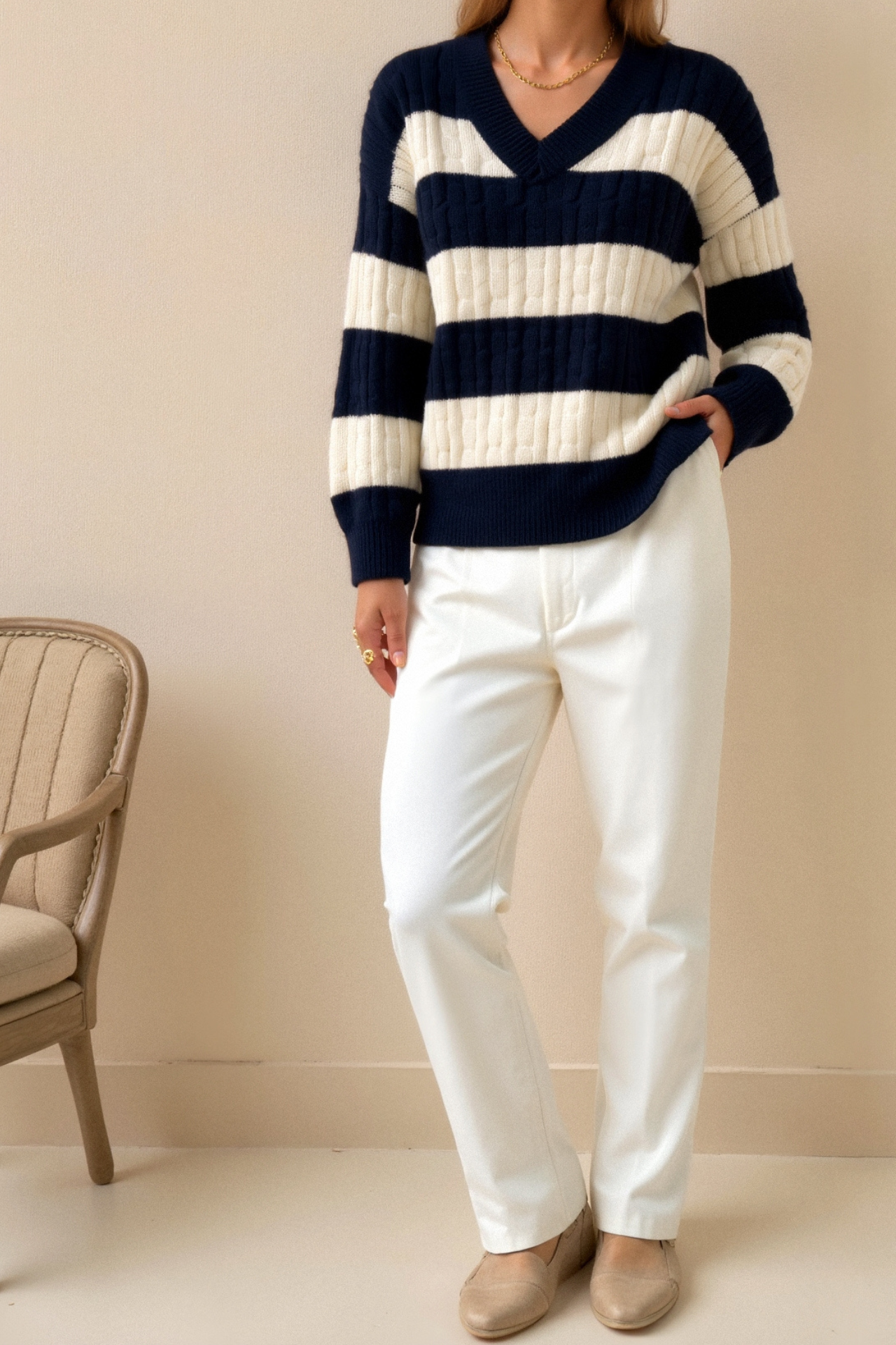 Old Money kabelgebreide kleurblok V-hals elegante trui met verlaagde schouders