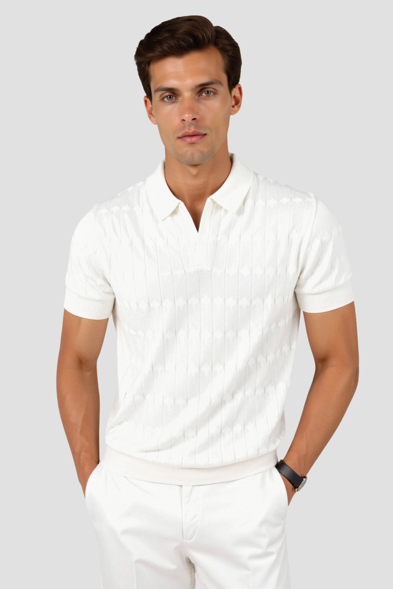 Old Money Premium V-hals kabelgebreid poloshirt