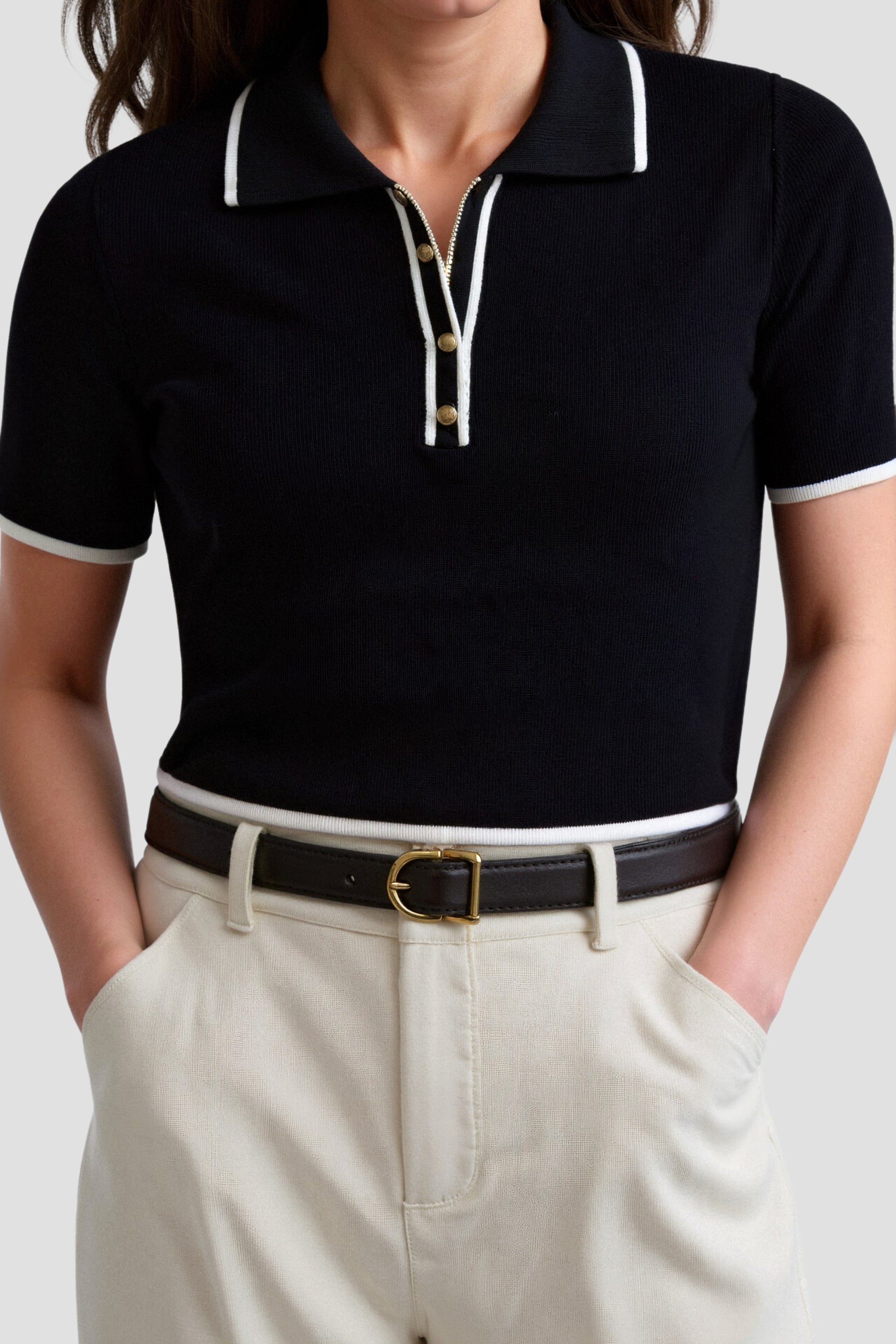 Old Money Contrast Elegant Trim Kraag Slim Button Up Polo T-shirt 