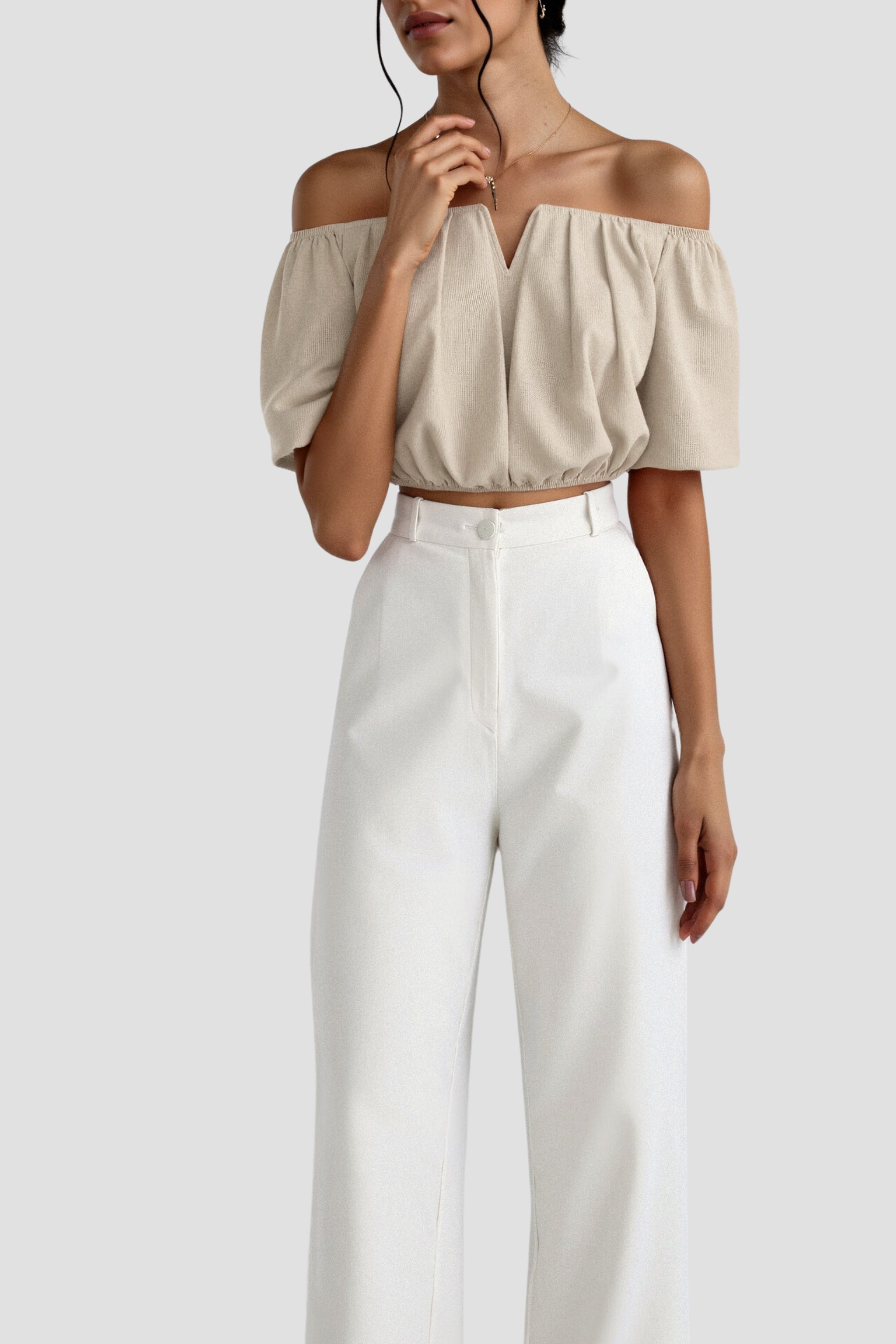 Old Money Elegant losvallend effen geplooid T-shirt met inkeping in de hals