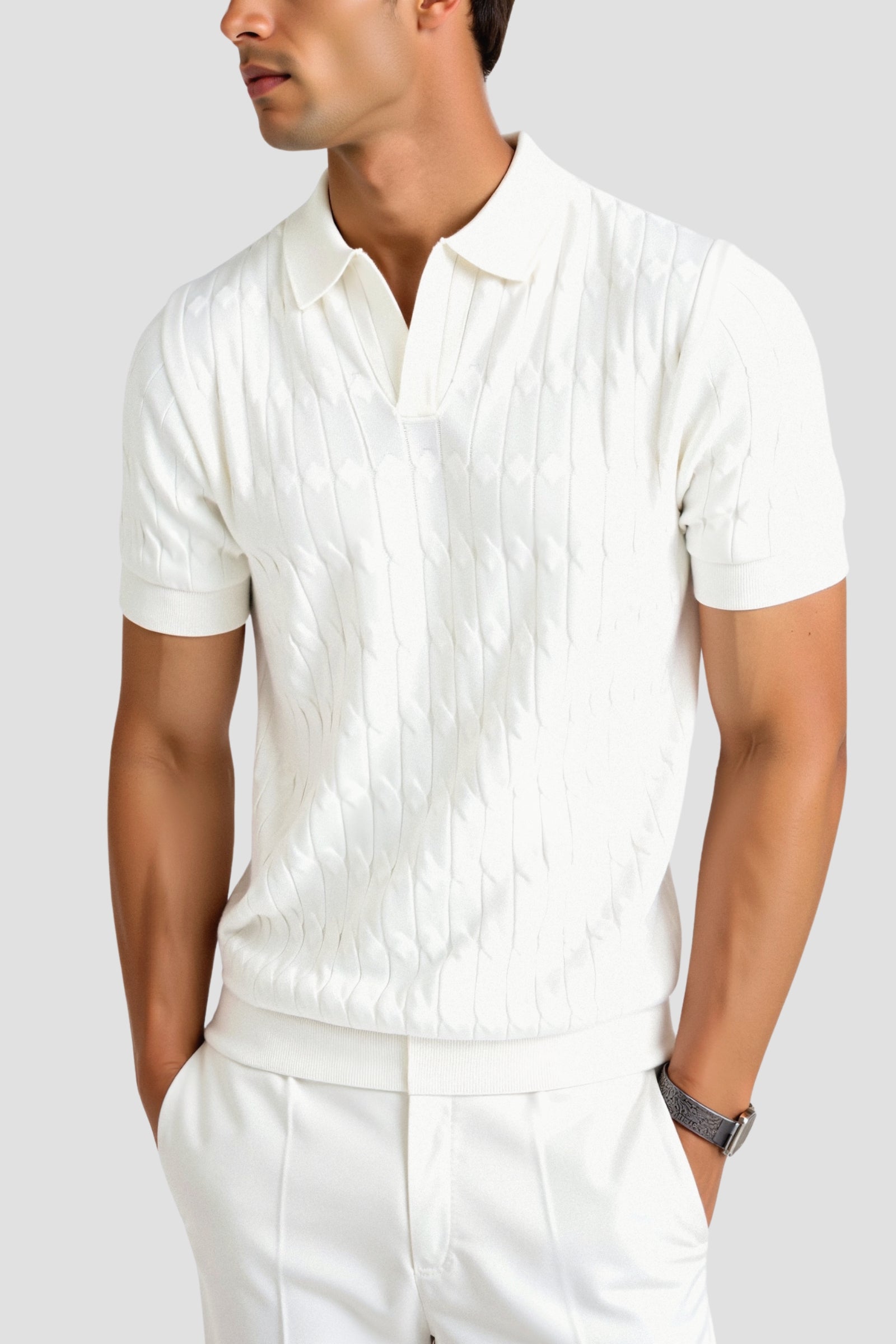 Old Money Premium V-hals kabelgebreid poloshirt