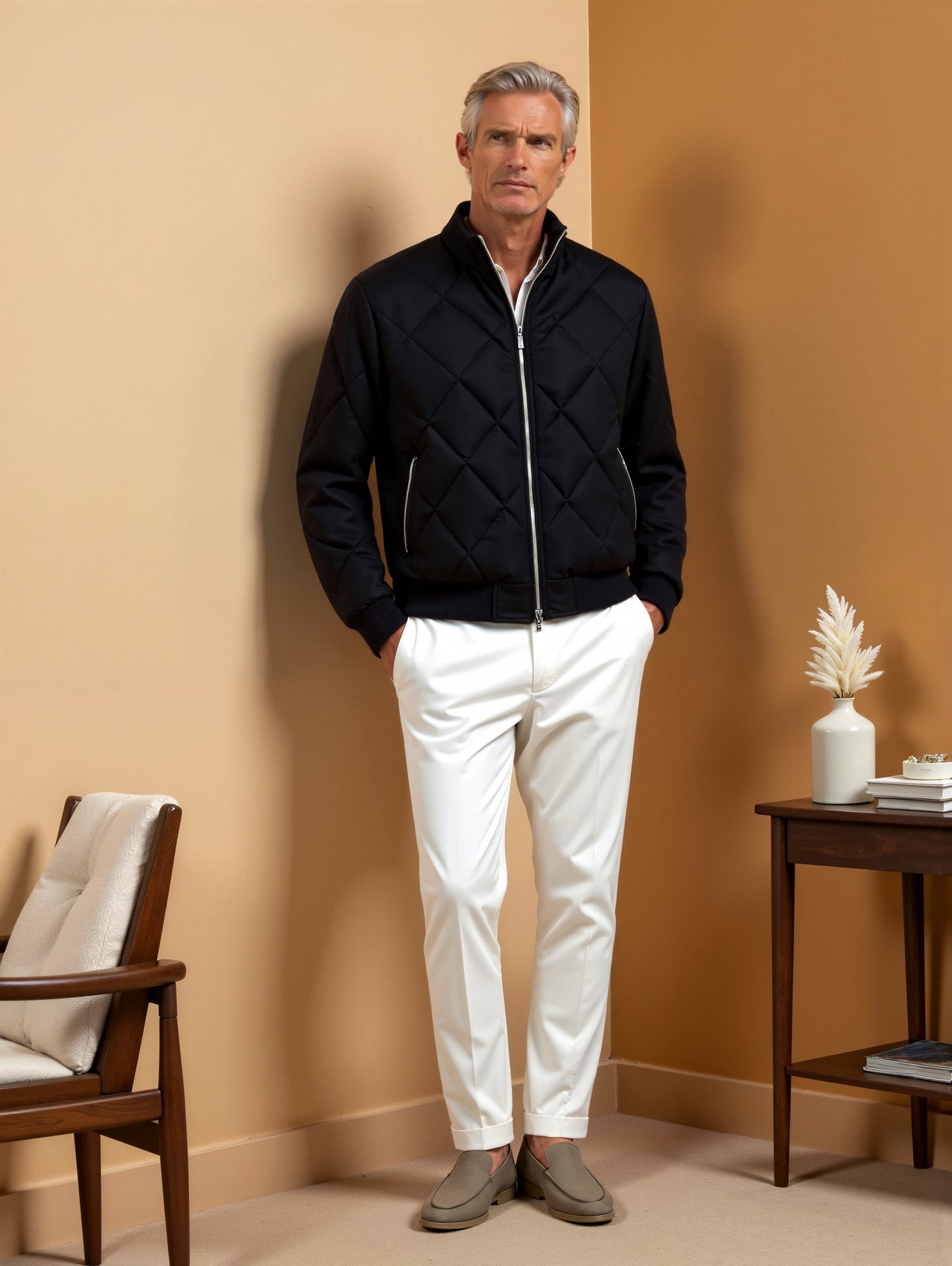 Elegante warme, casual gewatteerde herenjas van vezelstof